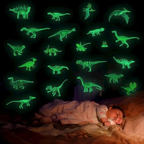 דינוזאור קיר מדבקות זוהר בחושך, 4 מדבקות קיר, קריקטורה דינוזאור גן עדן ירוק אור קיר מדבקות, מתאים לחדר