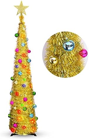 Peyan 5 ft טינסל עץ חג מולד עם אורות וטופר כוכבים, עץ חג המולד של נצנצים מקופלים עם קישוטים ועמידה, עץ עיפרון מלאכותי