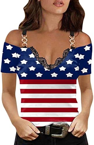 צמרות כתף קרה לנשים אמריקה דגל טוניקה גרפית טוניקה שרוול קצר V חולצת יום עצמאות צוואר 4 ביולי 4 ביולי
