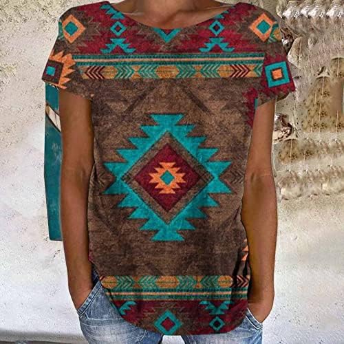 חולצות אצטקיות לנשים צמרות קיץ הדפס שבטי חולצה מקסיקנית שרוול קצר צוואר צווארון אתני גיאומטרי טיי חולצה