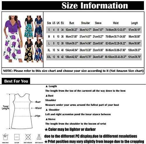 שמלה סקסית של Fragarn לנשים, קיץ לנשים מזדמנים מודפסים שרוול קצר v Zip Zip Pocket שמלת מותניים רטרו