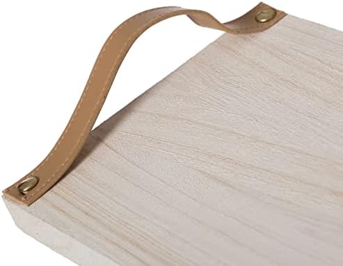 לוח הגשת מגש מלבני מעץ טבעי דקורטיבי עם ידיות עור חומות