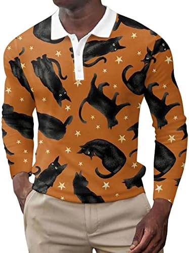 ZDDO Halloween Mens Mens חולצות פולו, שרוול ארוך גרפי מצחיק שלד דלעת גולף גולף טניס טופסי מסיבה