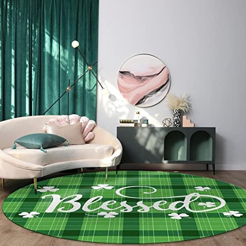 שטיח שטח עגול גדול לחדר שינה בסלון, שטיחים 4ft ללא החלקה לחדר לילדים, יום פטריק הקדוש מבורך שמרוק ירוק משובץ