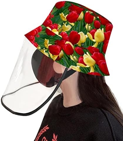 כובע מגן למבוגרים עם מגן פנים, כובע דייג כובע אנטי שמש, צבעונים פרחים צהובים קפיץ אדום