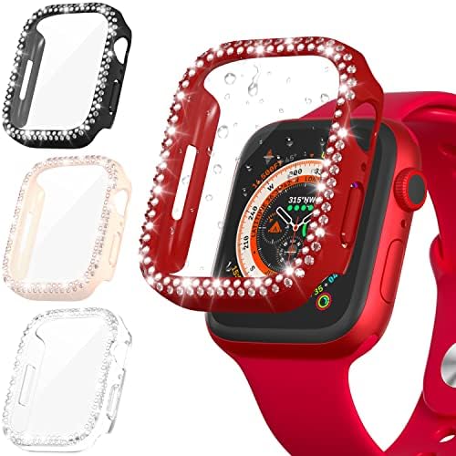 סומן 4-חבילה ל- Apple Watch 45 ממ יהלומים מגן מסך סדרה 8/7, עבור IWatch 45 ממ זכוכית מחוסמת אולטרה-דקה+כיסוי