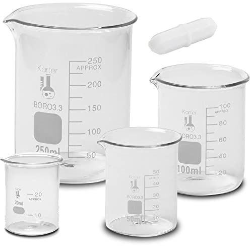 סט כוסות צורות נמוכות עם מוט סעודה מגנטית בגודל 1 אינץ ', זכוכית בורוסיליקט, 4 גדלים - 20, 50, 100, 250