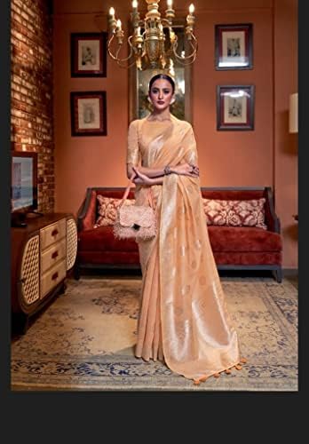 פסטל טהור פשתן אריגת מעצב הודי מסורתי סארי חולצה זארי ארוג קלאסי מוסלמי פסטיבל סארי 2560