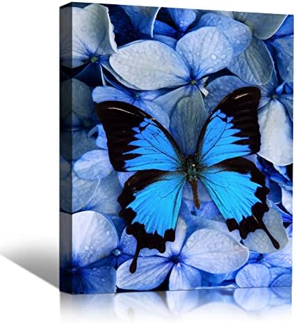 סגול אמנות פרפר פרפר קיר קיר פרפר כחול והדפס פרחים כחולים על בד, מתוח וממסגר, יצירות אמנות ממוסגרות