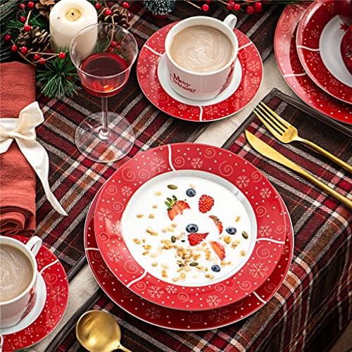 ZLXDP 30 חלקים דפוס חג המולד חרסינה סט ארוחות אוכל עם 6*כוס, צלוחית, צלחת קינוח, צלחת מרק, צלחת ארוחת
