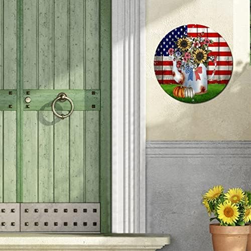 שלט מתכת עגול דגל אמריקאי ודלעות סתיו דלת במצוקה שלט בית וינטג