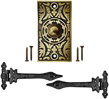 כפתור פעמון דלת Akatva עם סט ציר - 2 חתיכות צירי שער לגדרות עץ כבד - כפתור לחצן פעמון - כפתור