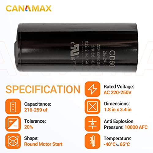 Canamax 216-259 UF MFD 220-250 VAC 50/60 הרץ SC0080 CD60 CD60 קבלת התחלה עגולה-החלפה לכל מותג עם