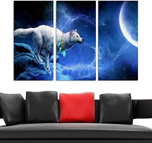 אמנות קיר לסלון, ציור שמן על בד גדול ממוסגר זאב גלקסי ירח יצירות אמנות לעיצוב חדר שינה ביתי 24 x48