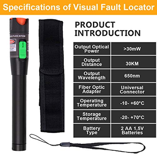 איתור תקלות חזותי 30MW 30 קמ, ערכת בודק VFL כוללת מצב יחיד 9/125UM FC זכר ל- LC מתאם נקבה, עט אור אדום לבדיקת