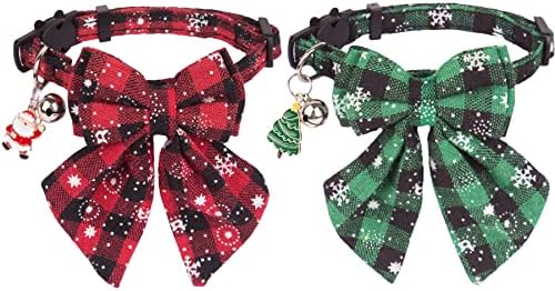 2 מארז חג המולד חתול קולרים, משובץ חג המולד חתול צווארון עם נשלף עניבת פרפר פעמון, חג המולד חתלתול צווארון