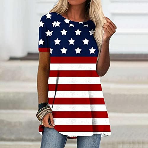 נשים אמריקאיות סטאר סטאר דפיס טופ חולצות חולצות חולצות חולצות שרוול קצר פסים סתיו סתיו 2023 OV