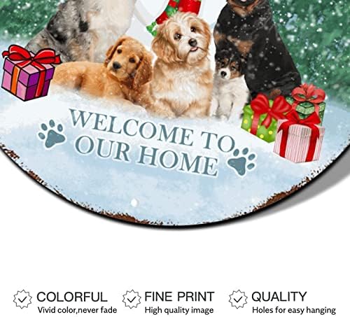 שלט משאית אדומה לחג המולד ברוך הבא לביתנו של השלג כלבים חורפי מתכת עגולה שלט פח קישוטים לחג המולד