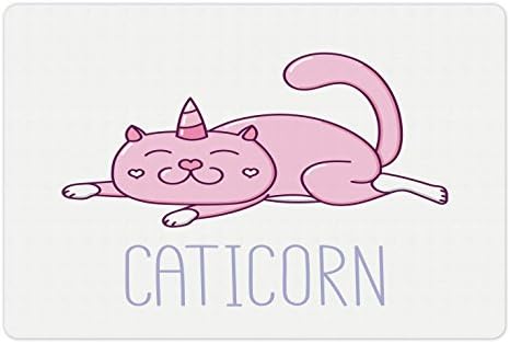 מחצלת לחיות מחמד חתול חד קרן אמבסון למזון ומים, חתול ורוד עם קרן וביטוי מצחיק שוכב קמע קריקטורה קטיקורן, מלבן