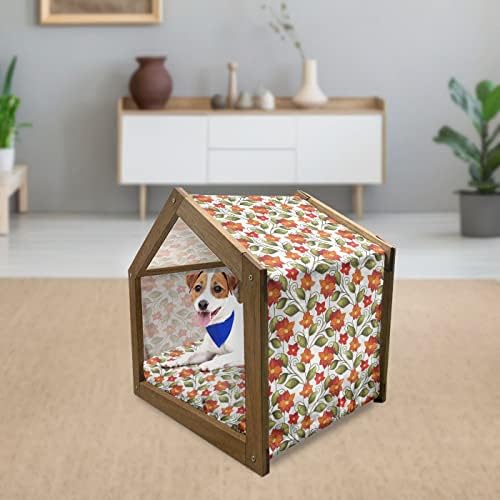 בית כלבי עץ רטרו עץ עץ, פרחי בוהו צבעוניים דפוס מערבולת עלים עלים פרחים מודרניים, מלונה כלבים ניידת מקורה וחיצונית