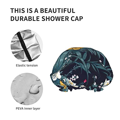 נשים לשימוש חוזר כובע שיער שולי חיל הים היביסקוס טרופי שכבות כפולות פרחוניות כובע אמבטיה אטום למקלחת