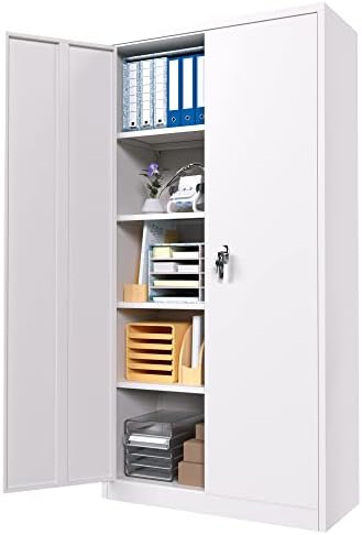 ארון אחסון מתכת AOBABO עם 2 דלתות, 72 H × 36 W × 18 D ארון אחסון פלדה נעילה למשרד, בית ספר, ארונות אחסון לבנים