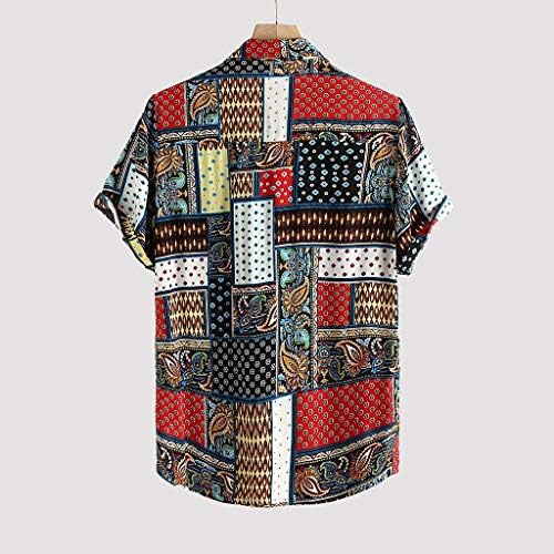 גברים כפתור אתני מזדמן במורד החולצה הוואי, חולצת טריקו של שרוול קצר משובצת טרופית מסורתית Aloha