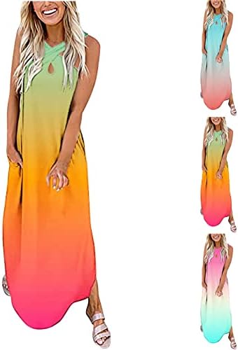 נשים מקרית רופף שמלה קיצית 2023 ארוך שמלת שחוצים שרוולים פיצול מקסי שמלות קיץ חוף שמלה עם כיסים