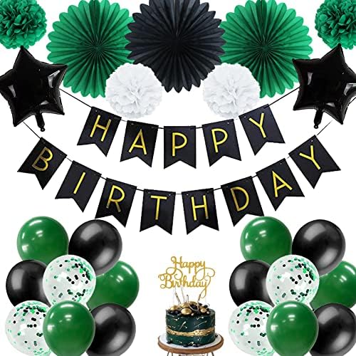 ירוק שחור יום הולדת קישוטי לגברים עם יום הולדת שמח באנר תליית נייר אוהדי פונפונים קונפטי לטקס בלוני בני משחקי