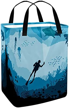כרישים כחולים מתחת למים 60 ליטר סל כביסה עצמאי מתקפל שקיות כביסה סל בגדים גדולות עם ידיות לצעצועי בגדים