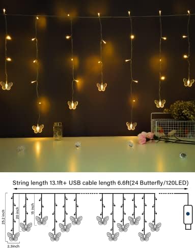 ZCWZMW וילון פרפר אורות מיתרים אורות 19.7ft 120 אורות פרפר מחוללים לחדר שינה, 24 פרפרים 8 מצבים עם אורות פיות USB