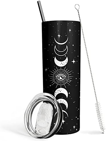 גותי ירח כוס עם מכסה וקש - שלב ירח עיצוב גותי - וואקום שחור מבודד נירוסטה 20 עוז מכשפה כוס כוס - ליל כל הקדושים