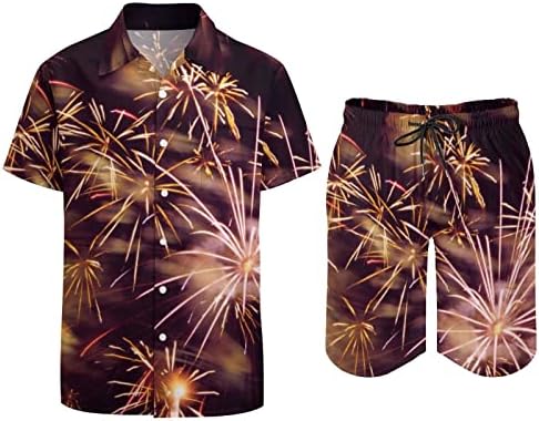 Weedkeycat זיקוקים יפהפיים תלבושות חוף לגברים 2 חלקים כפתור הוואי מטה חולצת שרוול קצר ומכנסי תא מטען