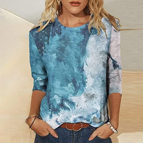 Beuu נשים מדפיס סווטשירטים צוואר עגול 3/4 חולצות שרוול ארוך חולצות חול חולצות קופץ טוניקה סוודר מזדמן