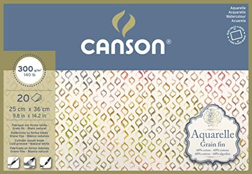 CANSON AQUARELLE COLOR COLOR CORD לחיצה על נייר 300GSM, בלוק מודבק 4 צדדים, 25x36 סמ טבעי לבן 20 גיליונות,