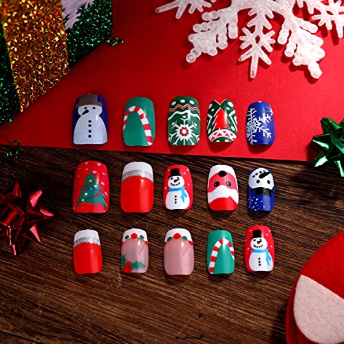 72 חתיכות חג המולד שווא ציפורניים מלאכותי מזויף ציפורניים קצרות סנטה קלאוס וחמוד שלג קישוט עם 6 ג ' לי דבק