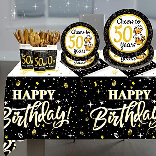 קישוטי יום הולדת 50 לגברים נשים-לחיים ל -50 שנה אספקת יום הולדת זהב שחור, צלחות ומפיות, כוסות, סכינים, מזלגות,
