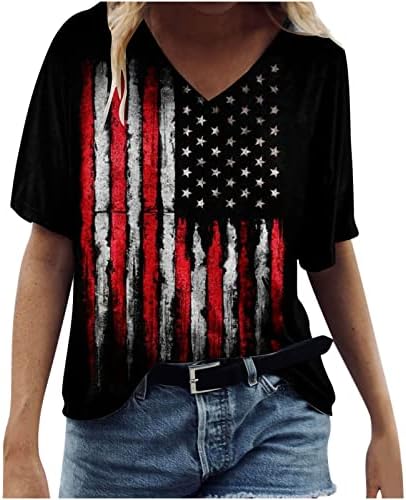 צמרות הדגל האמריקאיות לנשים 4 ביולי כוכבים במצוקה וחולצות פסים בקיץ שרוול קצר קז'ן V צוואר חולצות