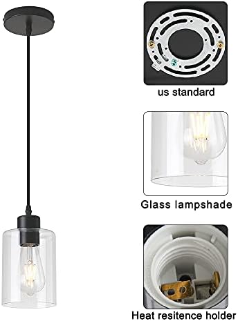 מודרני שחור חווה ברור זכוכית צילינדר תליון אור קבועה, מיני תליון תאורה עבור מטבח אי דקור - 4.75 אינץ