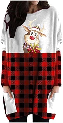 חג המולד חולצה שמלה לנשים מקרית ארוך שרוול איילי בסוודרים כיסי סווטשירט שמלות צבע בלוק טוניקת חולצות