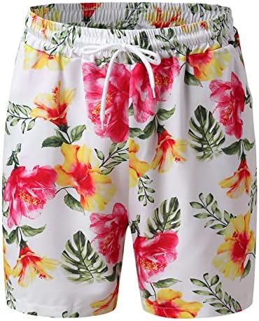 Beuu קיץ מכנסי חוף הוואי לקיץ לגברים, הדפס פרחוני טרופי מכנסיים קצרים