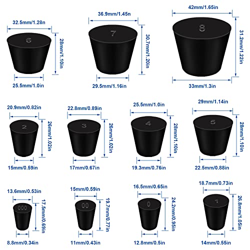 וידר 22 יחידות מוצק גומי פקק-11 מגוון גדלים 000 -8 שחור מחודד מעבדה חותם גומי פקקי