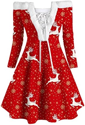 רוזיוגוג נשים שמלת נשים, סנטה קלאוס הדפס שרוול ארוך תחרה למעלה V שמלות צוואר קטיפה שמלת מיני מסיבת כתף