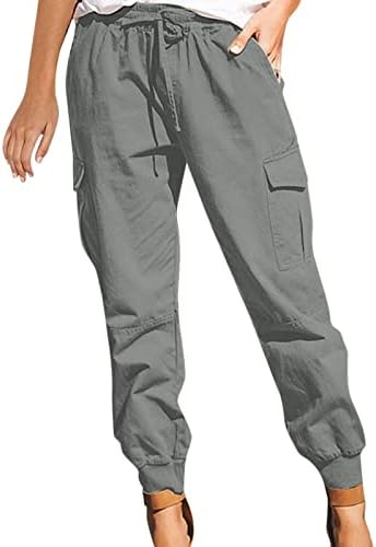 מכנסי רגל קרן נשים, מכנסי מטען אלסטיים מוצקים מזדמנים מכנסיים עם מותניים גבוהים מכנסי אימון רחבים עם כיסים