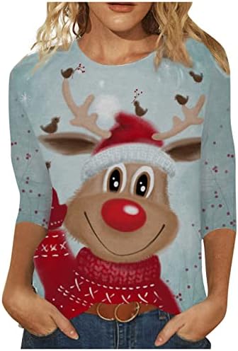 חולצת חג המולד של נוקמופו לנשים אופנה רבע רבע שרוול חג המולד הדפסת חג המולד סוודר צוואר עגול חולצה בסיסית