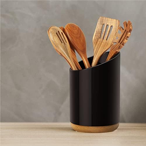 מחזיק כלי קרמיקה קריאונג למשטח השיש במטבח-מארגן כלי בישול עם בסיס עץ שיטה, 5.5 על 7.5 אינץ', שחור