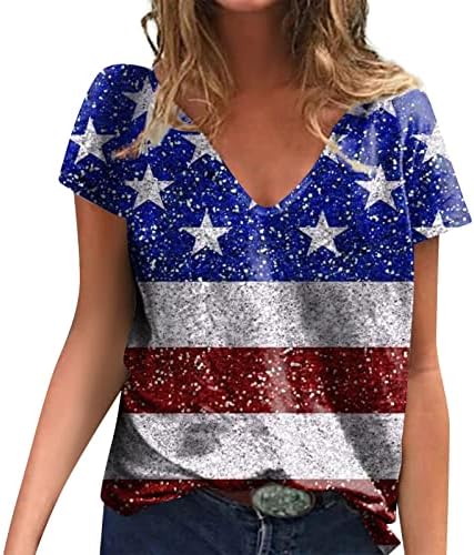 Zefotim רביעי ביולי חולצות לנשים 2023 שרוול קצר V צוואר קיץ אופנה אופנה דגל אמריקאי חולצות חולצות