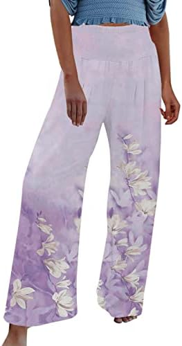 מכנסי טרקלין לנשים נוחות נוחות מודפסות מכנסי רגל רחבים עם מותניים גבוהים קפלים מכנסי חוף קיץ קל משקל קלים