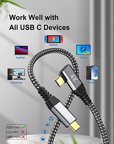 USB C ל- USB C כבל וידאו, 4K HDR MacBook ל- USB C Monitor Cable, כבל נתונים USB-C של 20 ג'יגה-ביט לשנייה,