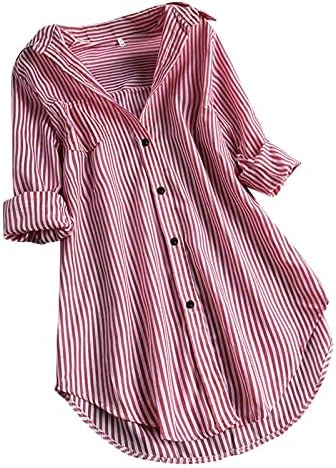 חולצות לנשים בגזרה רופפת כפתורים עם שרוול ארוך 5 ליטר למטה עם פסים עם צווארון טרנדי חולצות טיז אוברסייז מזדמנים